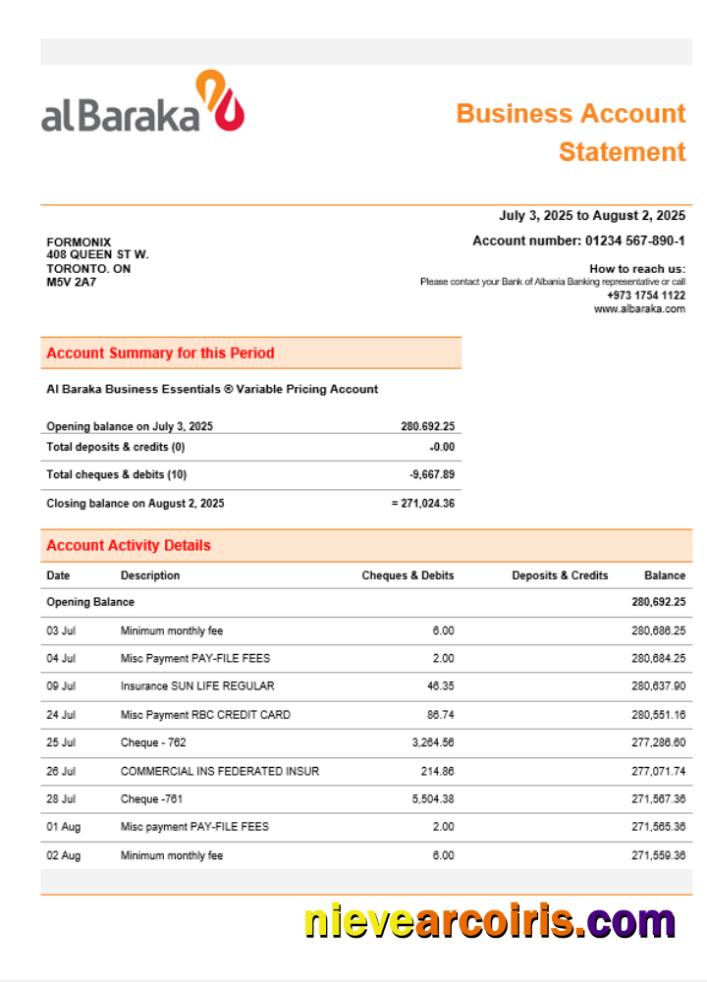 Al Baraka business bank  company account statement